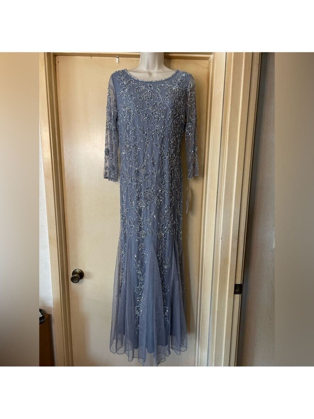 Pisarro Nights steel gray sequin and bead gown size 8